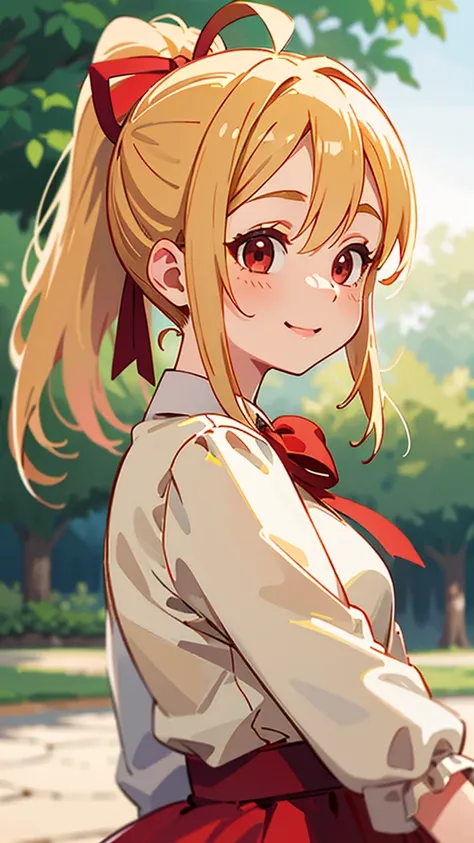 1 Girl、、Sharp focus、(Bokeh) (Highest quality) (Detailed skin:1.3) (Intricate details) (anime)、Blonde ponytail、Red ribbon、Ahoge、Big round red eyes、Upper body close-up、From the side、smile、smile、Park in the background、Soft lighting