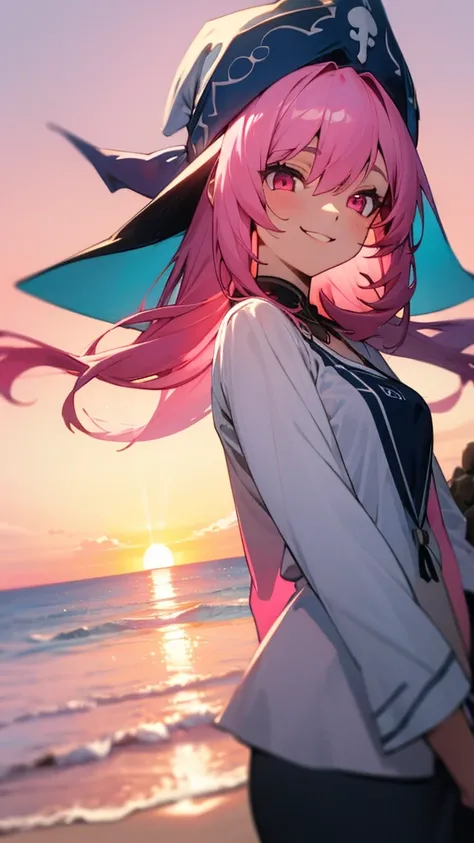 beach，seaside，Sunset，pink hair，pink eyes，Smile，white shirt，8K resolution，black wizard hat