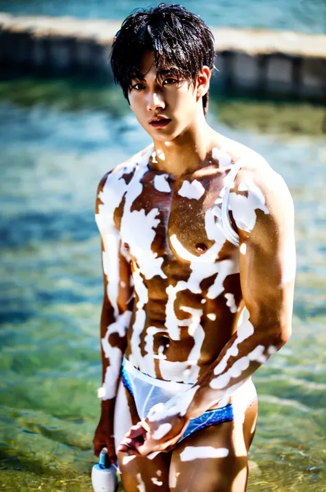 1 person, 18 year old muscular man, korean, topless, very wet body, wearing white jockstrap or thong, sexy, soft light, Masterpiece, best quality, photo realistic, in water.