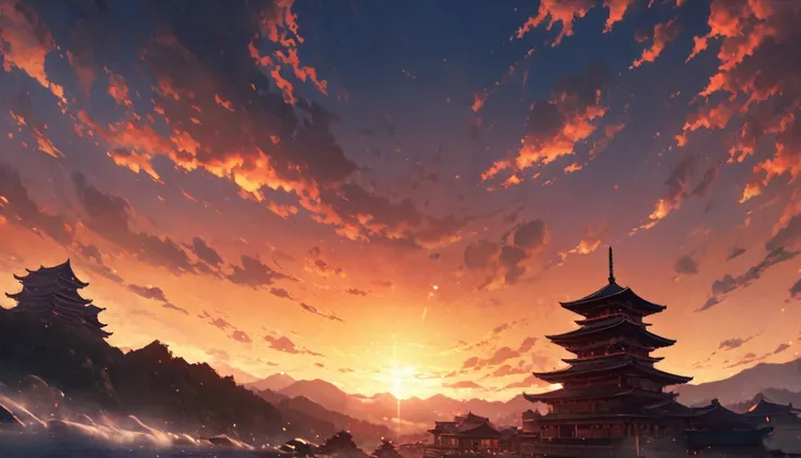 ((masterpiece, Highest quality, High resolution)), ((Highly detailed CG integrated 8K wallpaper)), A five-story pagoda flies in the morning sky, A large number of five-story pagodas,Sunrise on a cloudy morning, Strong sun rising in the sky, moody The risin...