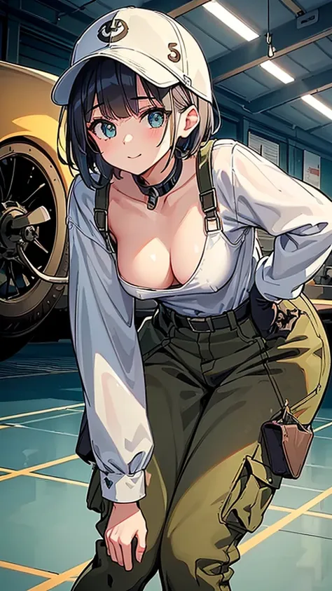 highest quality,  Insanely Real, Very delicate and beautiful, Ultra-high resolution, (A very cute female aircraft mechanic, alone), wide々Inside the aircraft hangar, A World War II-era monoplane fighter can be seen in the background...., Aircraft parts scat...