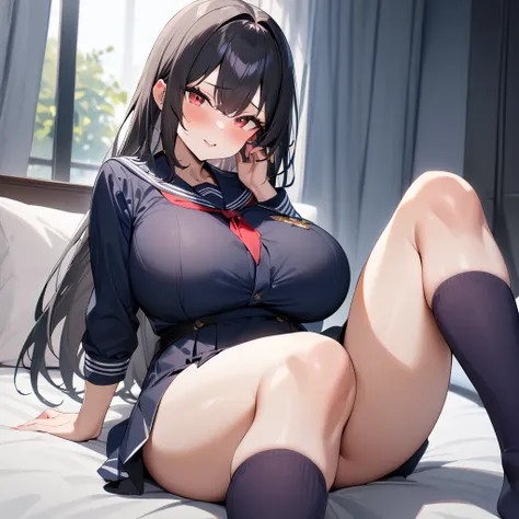 1 girl,absurdres,black hair,red eyes,big breast,legs,(Navy blue socks:1.1),Thighs,Absolute,masterpiece,best quality,very aesthetic,