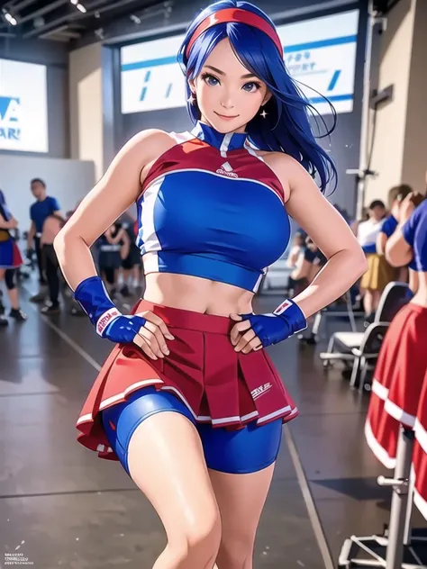 20-year-old woman, alone, alone, athletic, sexy body, wears a red cheerleader skirt and a blue shorts under the skirt, wears a red and blue top, wears blue exercise gloves that cover almost her entire forearm, headband on his head with a star, long blue ha...