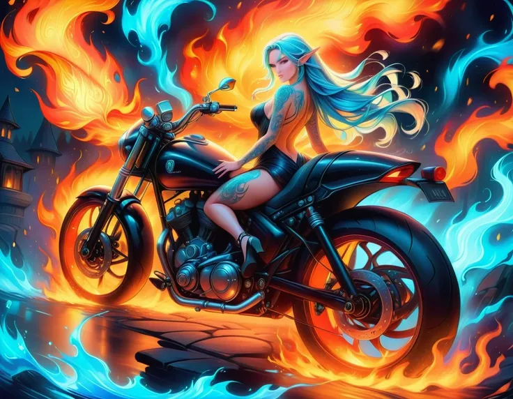 arafed, dark fantasy art, fantasy art, goth art, a picture of a of a tattooed female elf near her motorcycle (masterwork, best d...