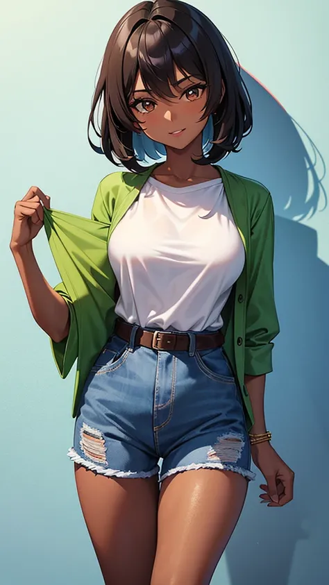 Leilani, she is short, with dark skin and straight hair, approximately 21 years old and with a cheerful personality, she was wearing a green and denim blouse and in the middle a brown belt that showed off her thin waist,