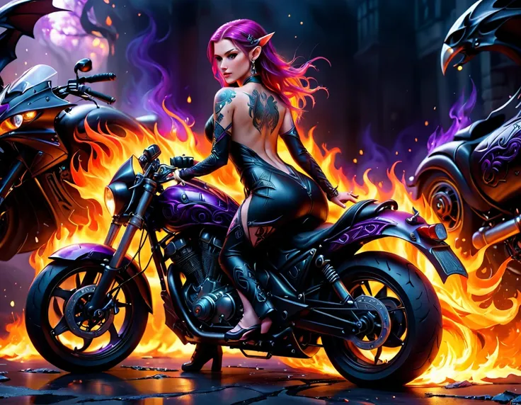 arafed, dark fantasy art, fantasy art, goth art, a picture of a of a tattooed female elf near her motorcycle (masterwork, best d...