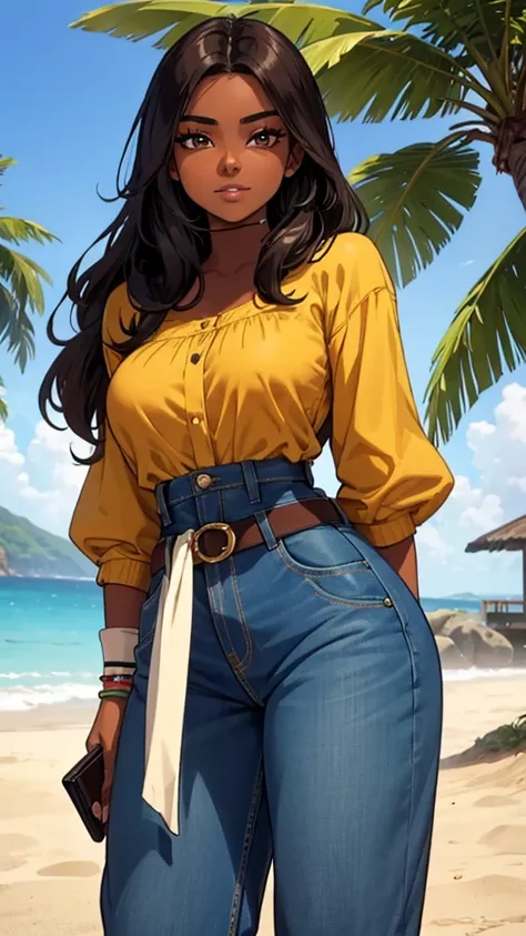 Leilani, she is short, with dark skin and straight hair, approximately 21 years old and with a cheerful personality, she was wearing a green and denim blouse and in the middle a brown belt that showed off her thin waist,