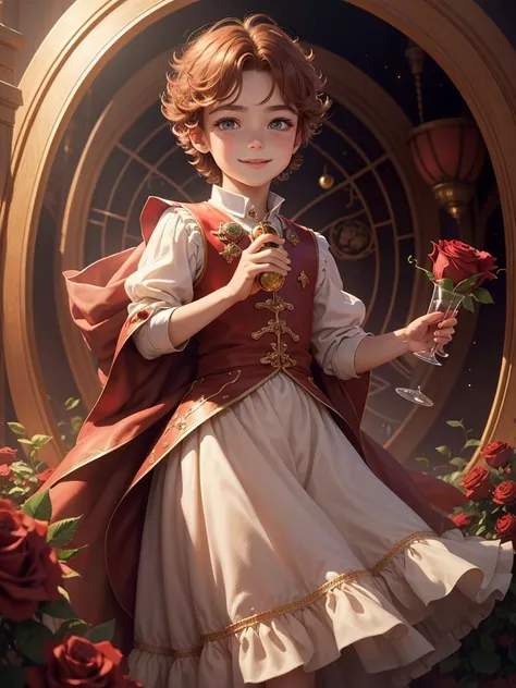 Best picture quality, fairy tale world, 5 year old star prince, one red rose, holding a glass dome with a red rose in it very carefully, detailed eyes, long eyelashes, happy smile, great smile, very pretty boy, amazingly very large round shining eyes, ches...