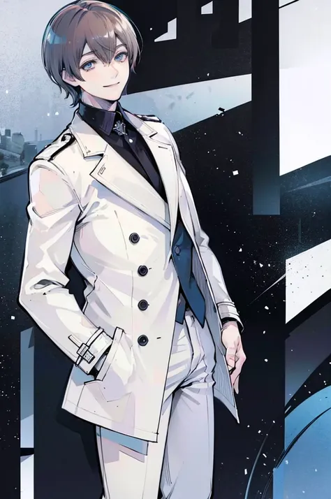 young man, brown hair, blue eyes, smiling, medium hair, wearing a pure white trench coat, wearing black pants, in one city, 4k, detailed, sui ishida art style, detailed eyes,
