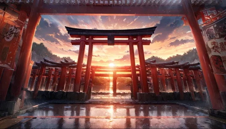 ((masterpiece, Highest quality, High resolution)), ((Highly detailed CG integrated 8K wallpaper)), A torii gate is flying in the morning sky, Large number of torii gates,Sunrise on a cloudy morning, Strong sun rising in the sky, moody The rising sun in the...