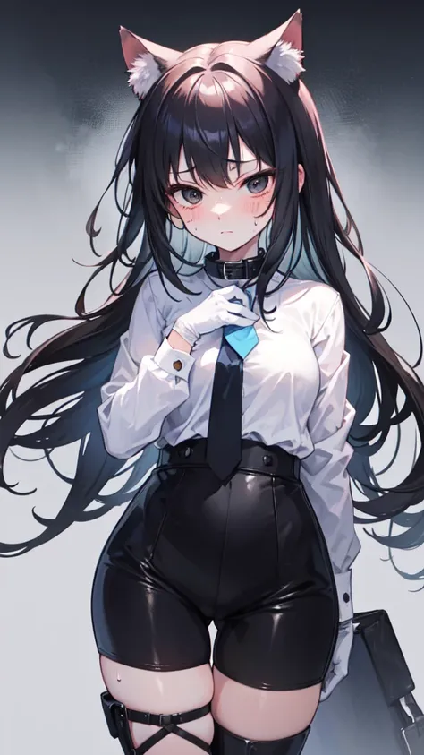 18-year-old girl，cute，Wear a white long-sleeved shirt and a black work tie，Wear black trousers，Wear black booties，Wear white gloves，wear cat ear，Wearing a collar，Black hair，Black eyes，Very thin waist，Very thin legs，Handsome，Disdainful and cold expression，s...