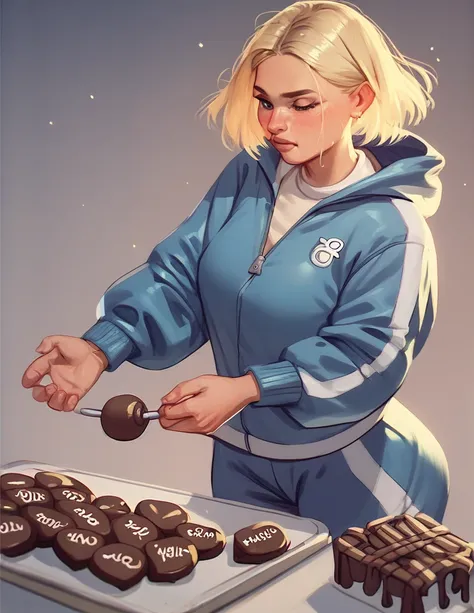 1girl, wearing a blue tracksuit, blonde bob, in a chocolate factory,
#partial blueberry inflation
#full blueberry inflation
#hyper blueberry inflation
#spherical inflation
#lactation through clothes
#lactation
