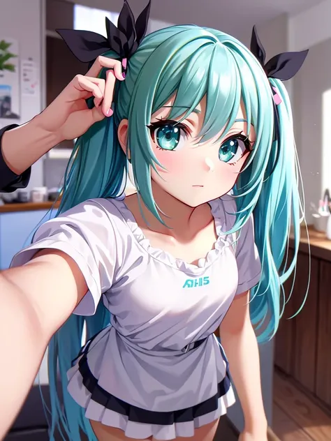 High quality 2D anime illustrations, Light blue hair、A 15-year-old girl with twin tails, Bright black eyes、Update social media on your smartphone. Her face is bright、Be enthusiastic, Capture the joy of sharing your fun moments online. She has a cell phone,...