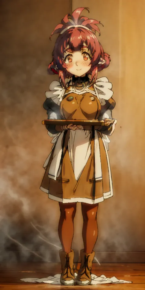 full body standing straight symmetrical, lustful smirking smile face red blush red cheeks, looking at viewer, holding tray, braid, maid headdress, maid, dress, apron, long sleeves, brown pantyhose, long leather militar boots, thighs, long white hair, maste...