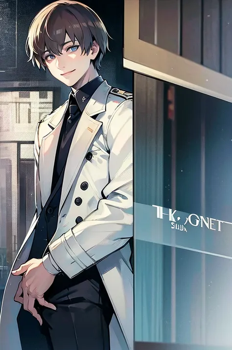 young man, brown hair, blue eyes, smiling, medium hair, wearing a pure white trench coat, wearing black pants, in one city, 4k, detailed, sui ishida art style, detailed eyes,
