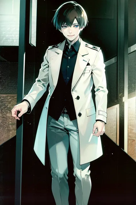 young man, brown hair, blue eyes, smiling, medium hair, wearing a pure white trench coat, wearing black pants, in one city, 4k, detailed, sui ishida art style, detailed eyes,
