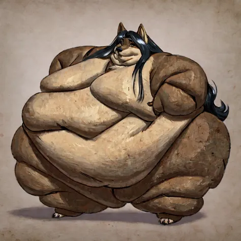 Wolf, female, long hair, morbidly obese,fat arms, fat legs, belly rolls