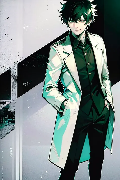 young man, black curly hair, green eyes, smiling, medium hair, wearing a pure white trench coat, wearing black pants, in one city, 4k, detailed, sui ishida art style, detailed eyes,
