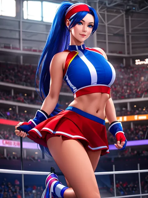 20-year-old woman, alone, alone, athletic, sexy body, wears a red cheerleader skirt and a blue shorts under the skirt, wears a red and blue top, wears blue exercise gloves that cover almost her entire forearm, headband on his head with a star, long blue ha...