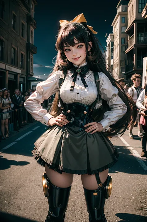 1girl, solo, smile, hands on hips,  underbust, Penny Polendina, long hair, neck ribbon, suspender skirt, corset, black bow, white blouse, mechanical legs, neon trim, outdoors, military wedding, lavish wedding reception, on hillside, overlooking coast, sea,...