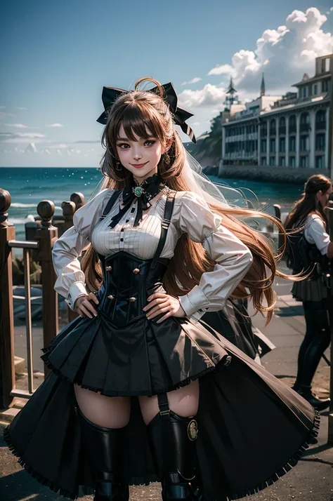 1girl, solo, smile, hands on hips,  underbust, Penny Polendina, long hair, neck ribbon, suspender skirt, corset, black bow, white blouse, mechanical legs, neon trim, outdoors, military wedding, lavish wedding reception, on hillside, overlooking coast, sea,...