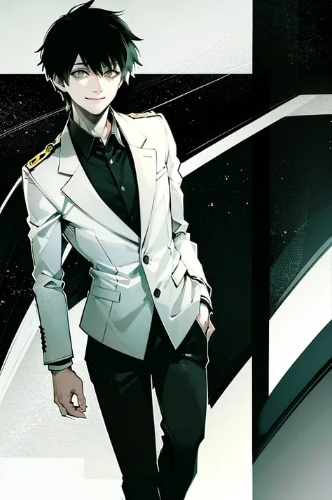 young man, black medium hair, green eyes, smiling, medium hair, wearing a pure white trench coat, wearing black pants, in one city, 4k, detailed, sui ishida art style, detailed eyes,
