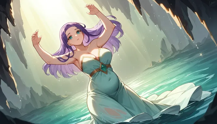 (YES NSFW). WhiteWetWear 76 years old purple hair woman in a white dress standing in a body of water, gorgeous 76yo woman, very beautiful elven top model, teal tunic, arms up, gorgeous sage lady, closeup fantasy with water magic, indoor cave, stunning eleg...