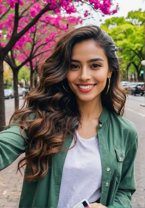 Create an image of a Latina woman taking a selfie. She has long, dark, wavy hair and is wearing casual yet stylish clothing. The setting is a bright, lively outdoor location, perhaps a city street or a park, with vibrant colors in the background. She is sm...