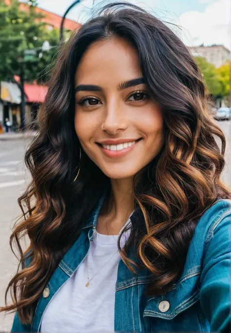 Create an image of a Latina woman taking a selfie. She has long, dark, wavy hair and is wearing casual yet stylish clothing. The setting is a bright, lively outdoor location, perhaps a city street or a park, with vibrant colors in the background. She is sm...