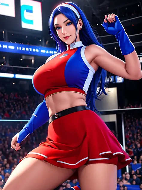 20-year-old woman, alone, alone, athletic, sexy body, wears a short red skirt and blue shorts under the skirt, wears a red and blue top close to her body, wears blue exercise gloves that cover almost her entire forearm, headband on her head with a star, lo...