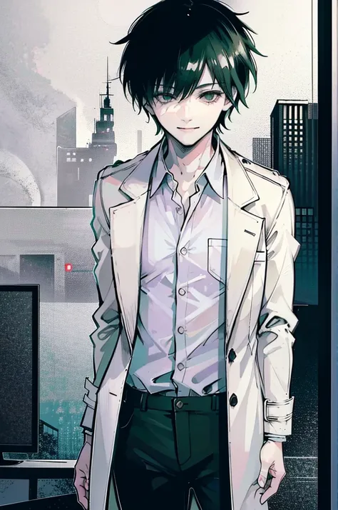 young man, black medium hair, green eyes, smiling, medium hair, wearing a pure white trench coat, wearing black pants, in one city, 4k, detailed, sui ishida art style, detailed eyes,
