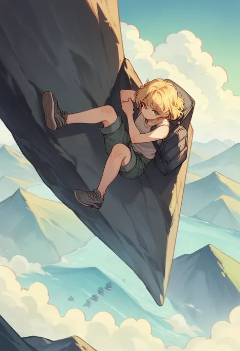 korean girl with long slightly wavy blonde hair wearing a gray tanktop and gray mountain shorts, carrying a mountain bag, climbing a mountain, sea of clouds view, shot from above.