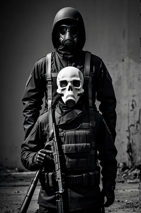 Skeleton wearing Russian soldier clothes with shirt and gas mask while holding rifle in black and white 