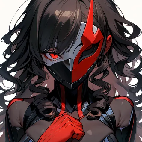 make me a female, 30 years old, dark skin, black long curly hair, red eyes, cyber clothes, red and black outfit, mask