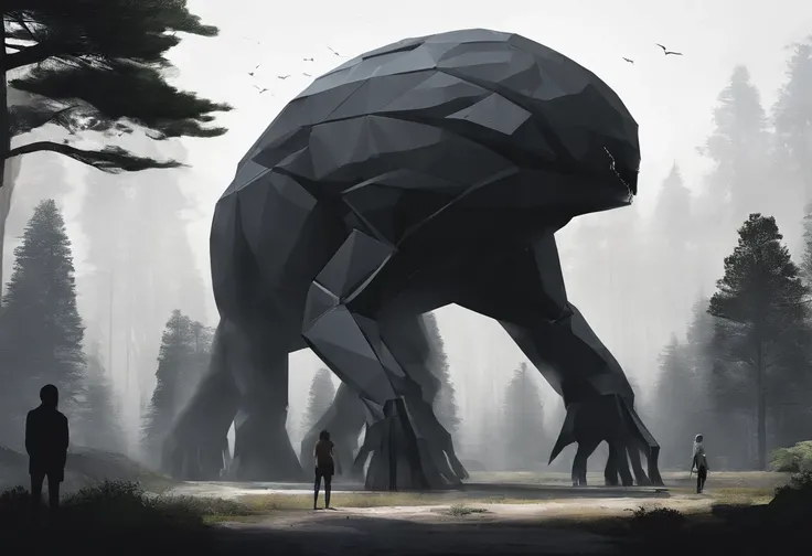 Black creature the size of a building with long, thick arms,the creature is covered in vegetation, and the creature has holes in its face and it has no mouth,the creature is walking through the forest