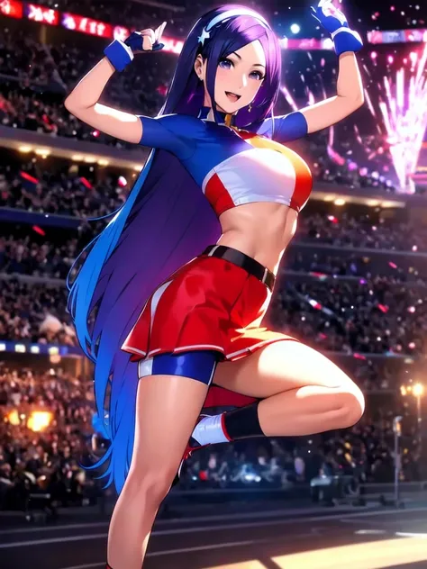 20-year-old woman, alone, alone, athletic, sexy body, wears a short red skirt and blue shorts under the skirt, wears a red and blue top close to her body, wears blue exercise gloves that cover almost her entire forearm, headband on her head with a star, lo...