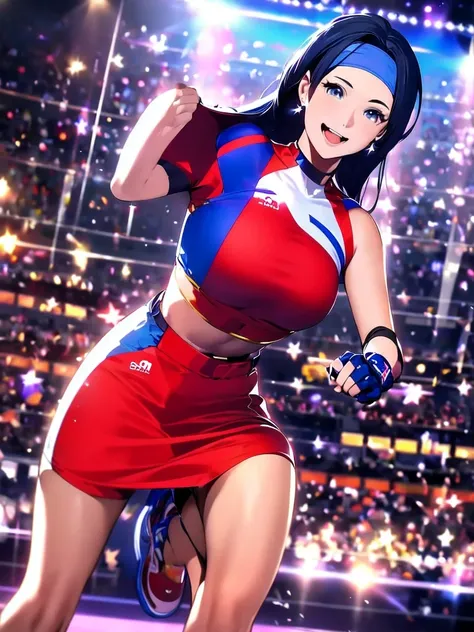 20-year-old woman, alone, alone, athletic, sexy body, wears a short red skirt and blue shorts under the skirt, wears a red and blue top close to her body, wears blue exercise gloves that cover almost her entire forearm, headband on her head with a star, lo...