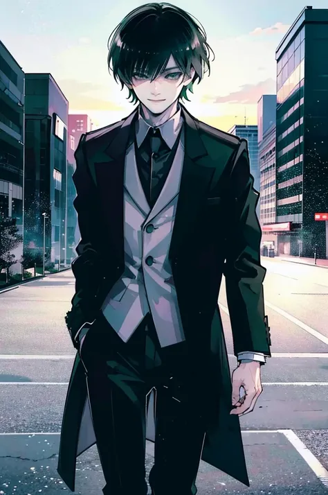 young man, black medium hair, green eyes, smiling, medium hair, wearing a pure white trench coat, wearing black pants, in one city, 4k, detailed, sui ishida art style, detailed eyes, in a sunset city
