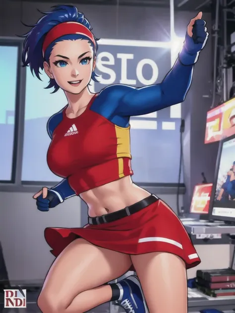 20-year-old woman, alone, alone, athletic, sexy body, wears a short red skirt and blue shorts under the skirt, wears a red and blue top close to her body, wears blue exercise gloves that cover almost her entire forearm, headband on her head with a star, lo...