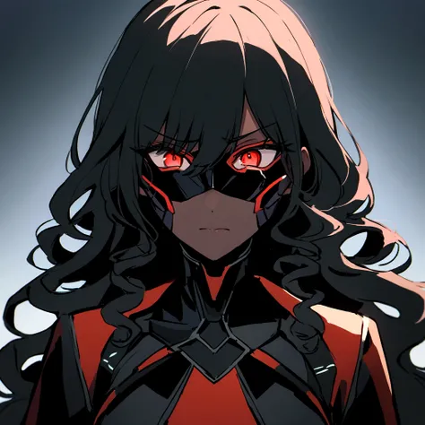 make me a female, 30 years old, dark skin, black long curly hair, red eyes, cyber clothes, red and black outfit, mask