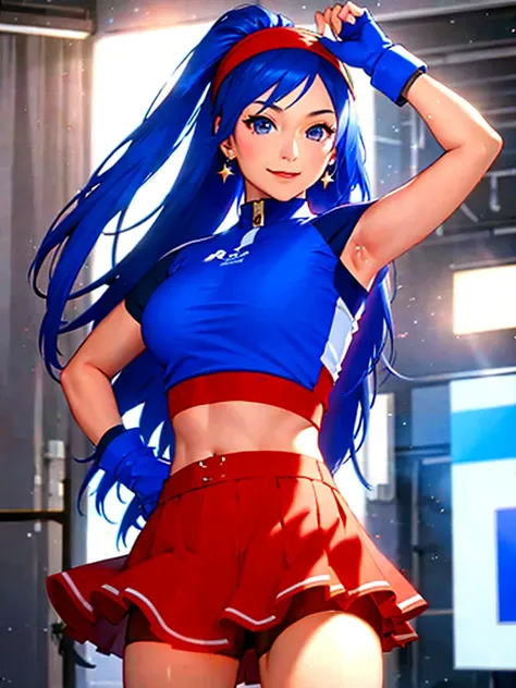 20-year-old woman, alone, alone, athletic, sexy body, wears a short red skirt and blue shorts under the skirt, wears a red and blue top close to her body, wears blue exercise gloves that cover almost her entire forearm, headband on her head with a star, lo...