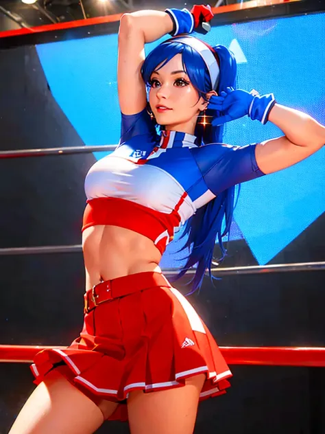 20-year-old woman, alone, alone, athletic, sexy body, wears a short red skirt and blue shorts under the skirt, wears a red and blue top close to her body, wears blue exercise gloves that cover almost her entire forearm, headband on her head with a star, lo...