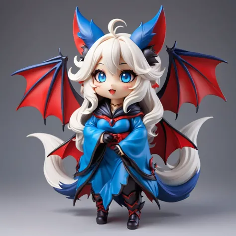 furry kemono commission style, a cute bat goddess with big ears and long white wavy hair, beautiful detailed eyes, beautiful detailed lips, extremely detailed face, blue eyes, happy expression, dressed in blue and red casual style, bat wings on the back, c...