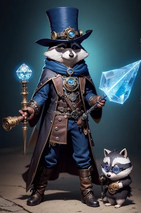 A wizard raccoon, with steampunk style, a staff with a shining blue crystal at its tip, a monocle in his right eye.