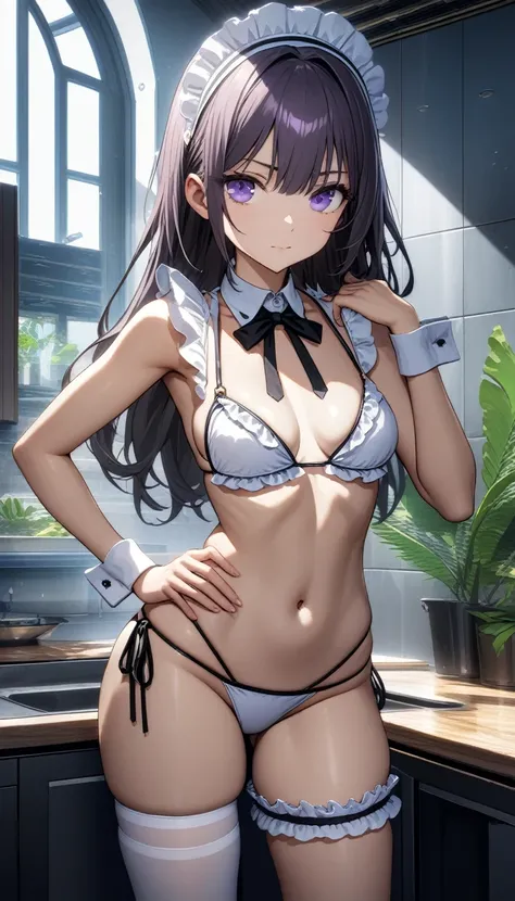 ((32k)), ((best quality)), ((ultra high res)), ((HDR)), ((UHD)), ((extremely detailed CG)), ((unity 32k wallpaper)), closed mouth, standing, purple eyes, swimsuit, bikini, thighs, cowboy shot, frills, indoors, hand up, stomach, white thighhighs, hand on hi...