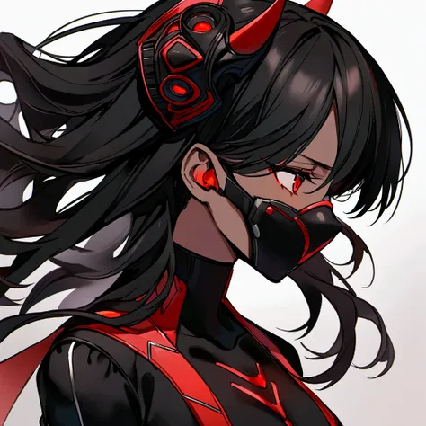 make me a female, 30 years old, dark skin, black long curly hair, red eyes, cyber clothes, red and black outfit, mask