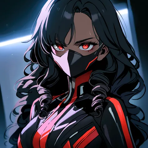 make me a female, 30 years old, dark skin, black long curly hair, red eyes, cyber clothes, red and black outfit, mask