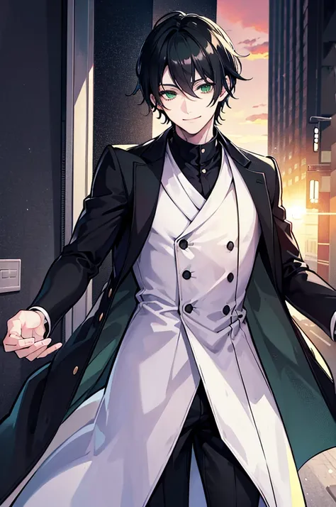 young man, black medium hair, green eyes, smiling, medium hair, wearing a pure white trench coat, wearing black pants, in one city, 4k, detailed, sui ishida art style, detailed eyes, in a sunset city
