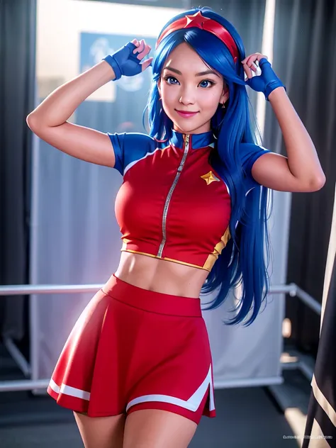 20-year-old woman, alone, alone, athletic, sexy body, wears a short red skirt and blue shorts under the skirt, wears a red and blue top close to her body, wears blue exercise gloves that cover almost her entire forearm, headband on her head with a star, lo...