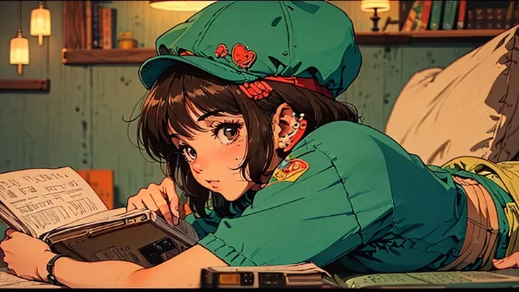 A girl, 80s anime style, retro, lo-fi, piercing, hat